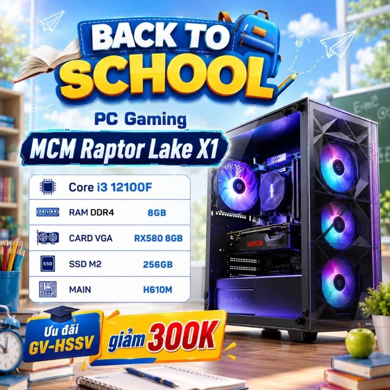PC Gaming MCM Raptor Lake X1 (Core i3 12100F, H610M, DDR4 8GB, RX580 8GB, SSD M2 256GB, 750W)