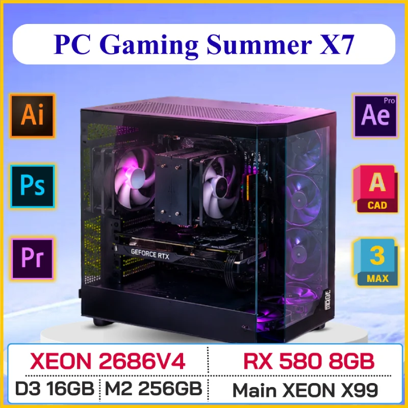 PC Gaming Summer X7 (XEON 2686V4 18C/36T, XEON X99, DDR3 ECC 16GB 1600, RX580 8GB D5, M2 NVME 256GB, 650W)