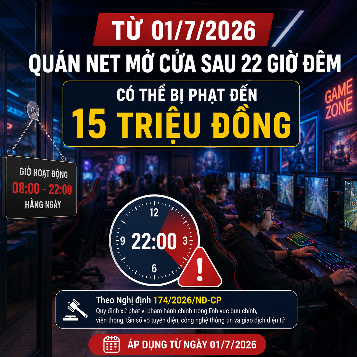Quán net mở cửa sau 22 giờ bị phạt đến 15 triệu từ 01/7/2026